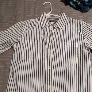 LAUREN blue n white striped LS blouse, size S